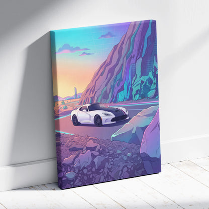 Dodge Viper ACR Inspired White Purple Canvas Wall Art, Vaporwave Mountain Road Artwork, Neon Desert Garage Decor, Retro Futuristic Print