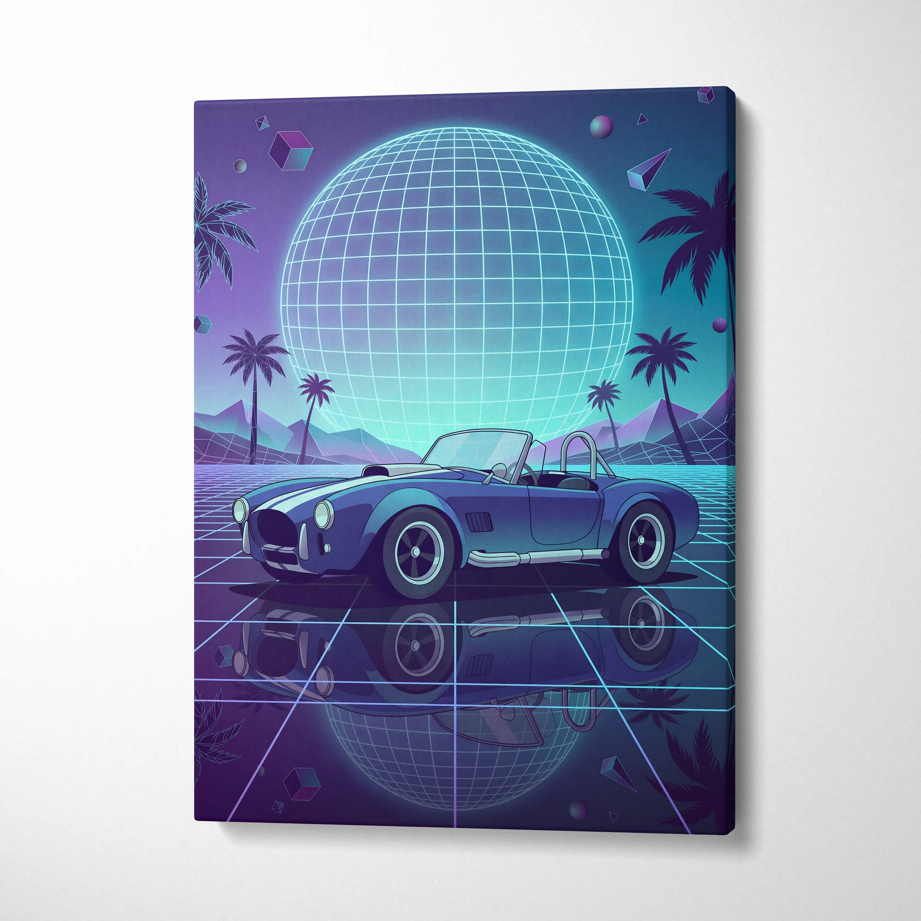 Shelby Cobra Inspired Blue Purple Canvas Wall Art, Vaporwave Roadster Artwork, Neon Grid Palm Decor, Retro Futuristic Classic Car Print