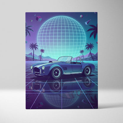 Shelby Cobra Inspired Blue Purple Canvas Wall Art, Vaporwave Roadster Artwork, Neon Grid Palm Decor, Retro Futuristic Classic Car Print