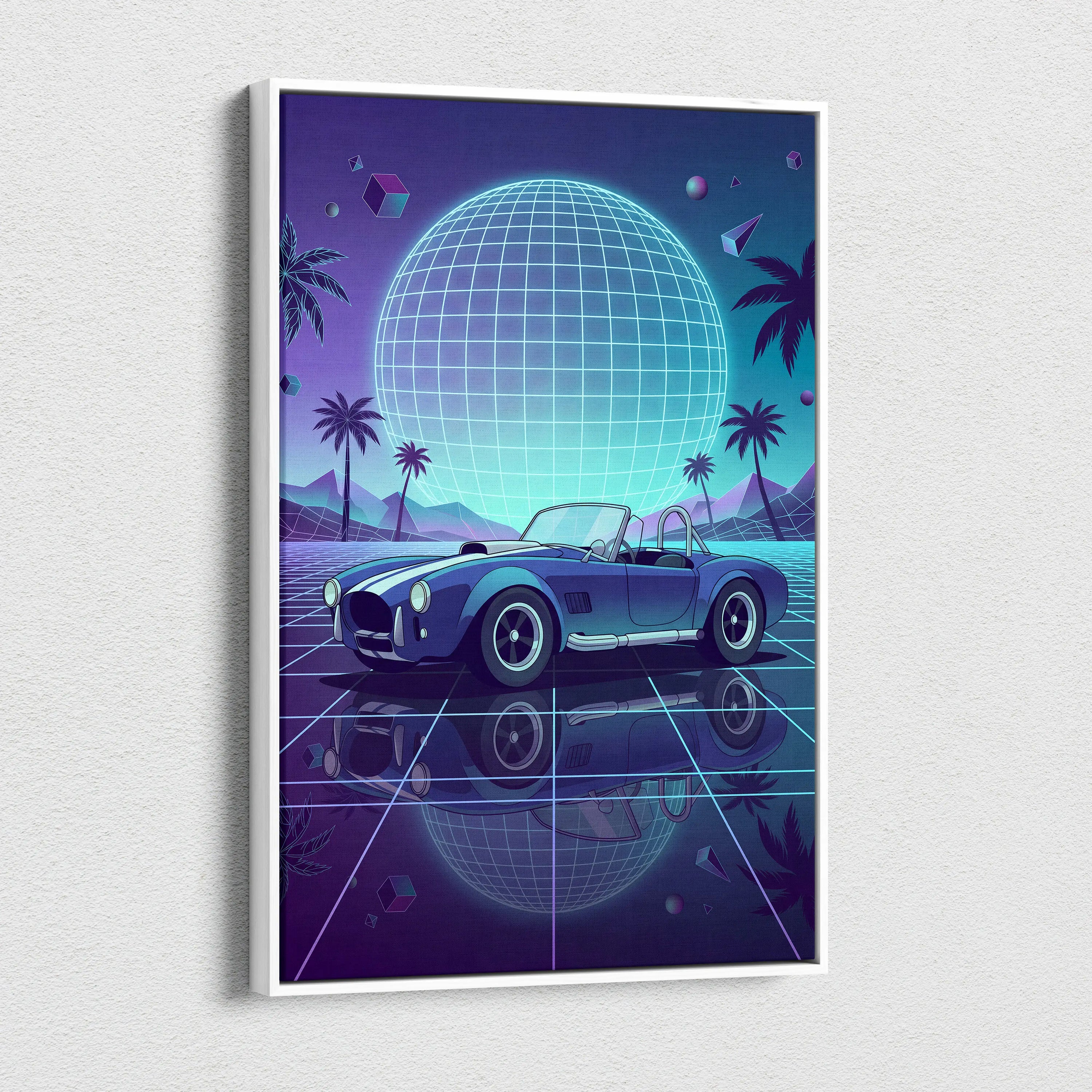 Shelby Cobra Inspired Blue Purple Canvas Wall Art, Vaporwave Roadster Artwork, Neon Grid Palm Decor, Retro Futuristic Classic Car Print