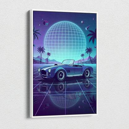 Shelby Cobra Inspired Blue Purple Canvas Wall Art, Vaporwave Roadster Artwork, Neon Grid Palm Decor, Retro Futuristic Classic Car Print