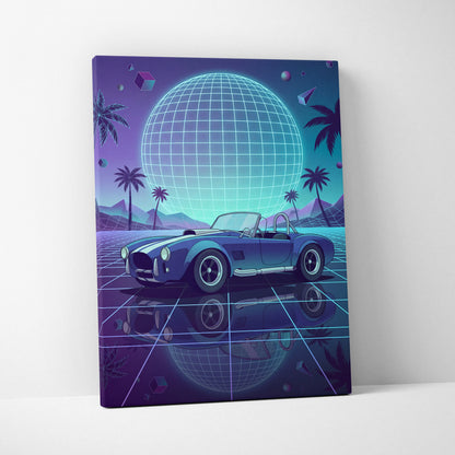Shelby Cobra Inspired Blue Purple Canvas Wall Art, Vaporwave Roadster Artwork, Neon Grid Palm Decor, Retro Futuristic Classic Car Print
