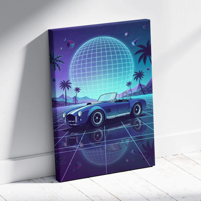 Shelby Cobra Inspired Blue Purple Canvas Wall Art, Vaporwave Roadster Artwork, Neon Grid Palm Decor, Retro Futuristic Classic Car Print
