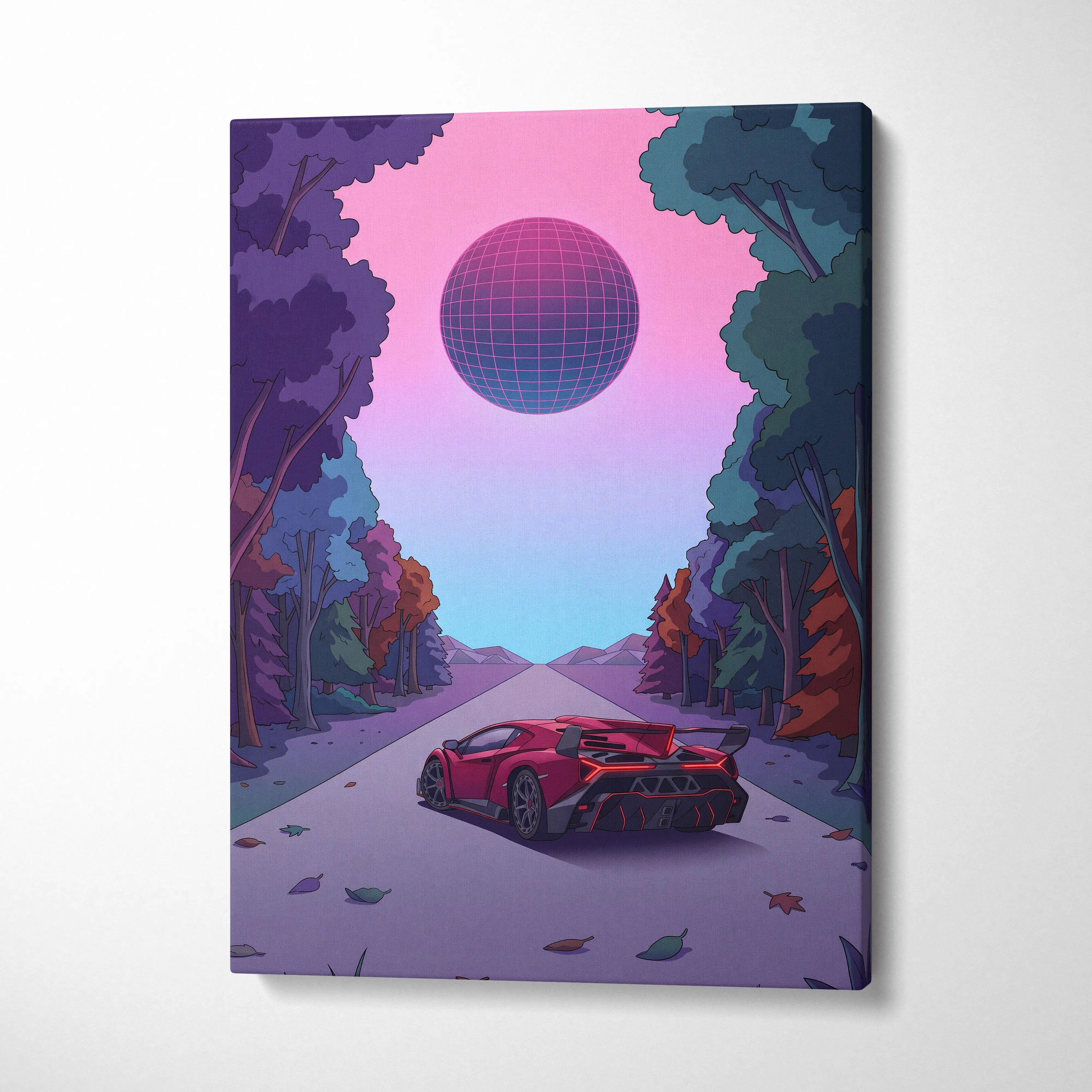 Lamborghini Veneno Inspired Red Purple Canvas Wall Art, Neon Vaporwave Hypercar Artwork for Modern Garage Decor