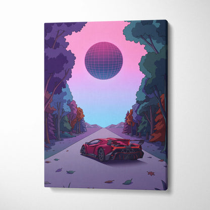Lamborghini Veneno Inspired Red Purple Canvas Wall Art, Neon Vaporwave Hypercar Artwork for Modern Garage Decor
