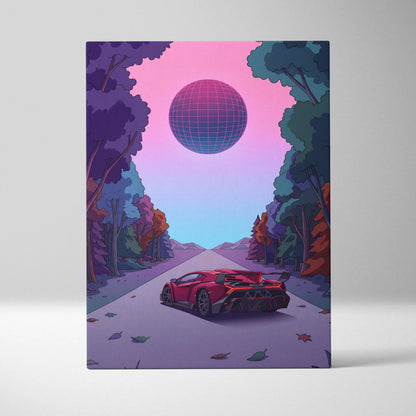 Lamborghini Veneno Inspired Red Purple Canvas Wall Art, Neon Vaporwave Hypercar Artwork for Modern Garage Decor