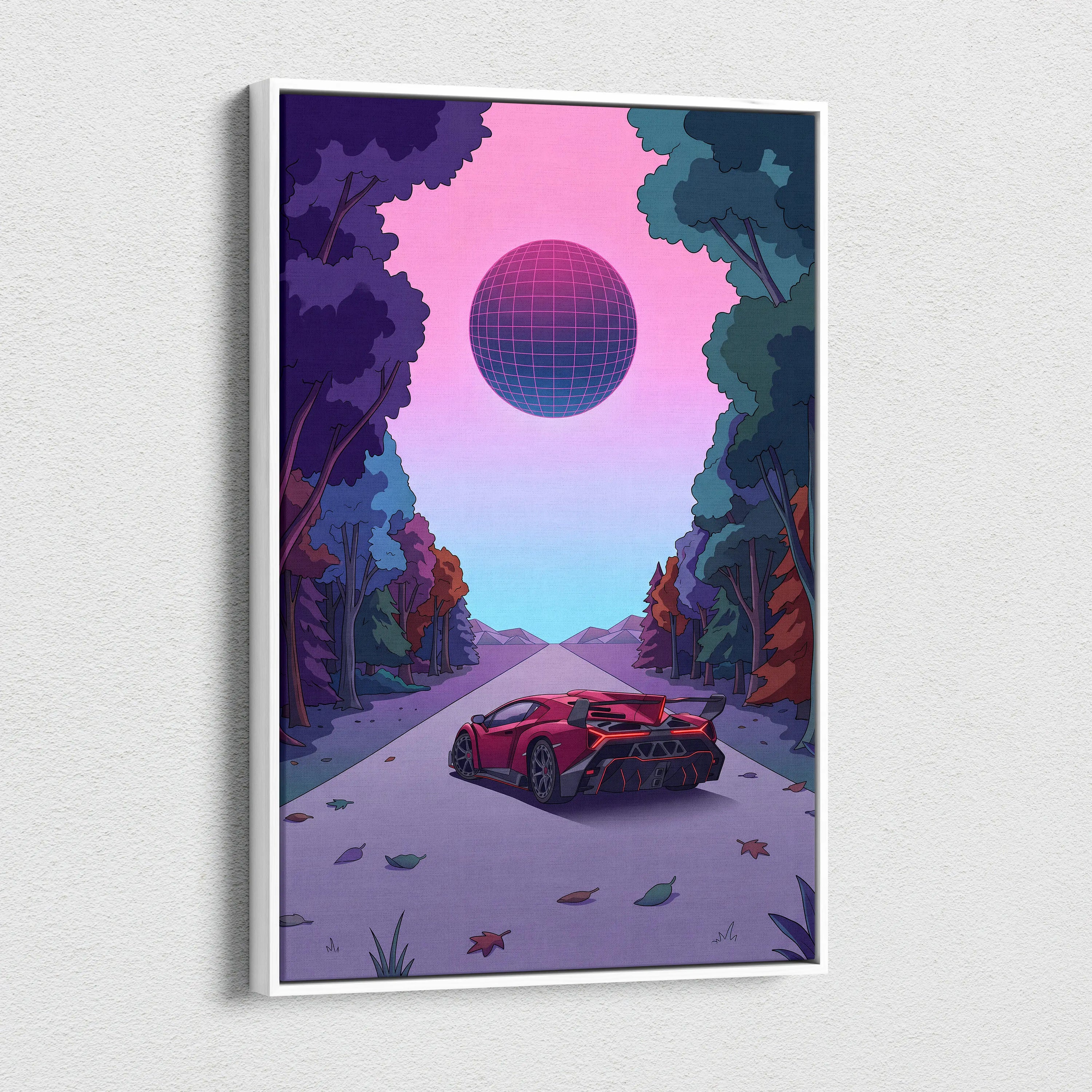 Lamborghini Veneno Inspired Red Purple Canvas Wall Art, Neon Vaporwave Hypercar Artwork for Modern Garage Decor