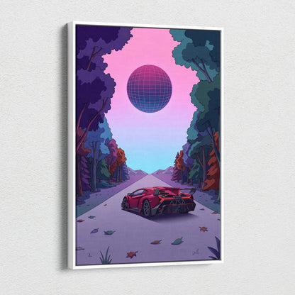 Lamborghini Veneno Inspired Red Purple Canvas Wall Art, Neon Vaporwave Hypercar Artwork for Modern Garage Decor