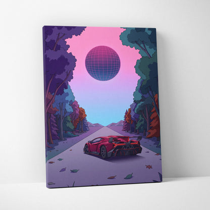 Lamborghini Veneno Inspired Red Purple Canvas Wall Art, Neon Vaporwave Hypercar Artwork for Modern Garage Decor