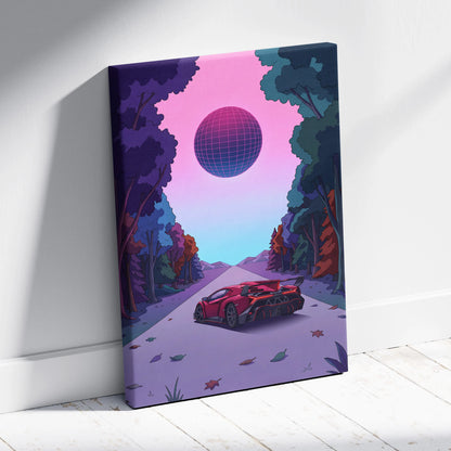Lamborghini Veneno Inspired Red Purple Canvas Wall Art, Neon Vaporwave Hypercar Artwork for Modern Garage Decor