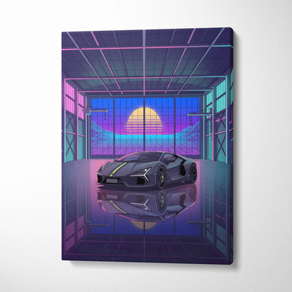 Lamborghini Revuelto Inspired Gray Purple Canvas Wall Art, Vaporwave Supercar Artwork, Neon Garage Decor, Retro Futuristic Exotic Car Print