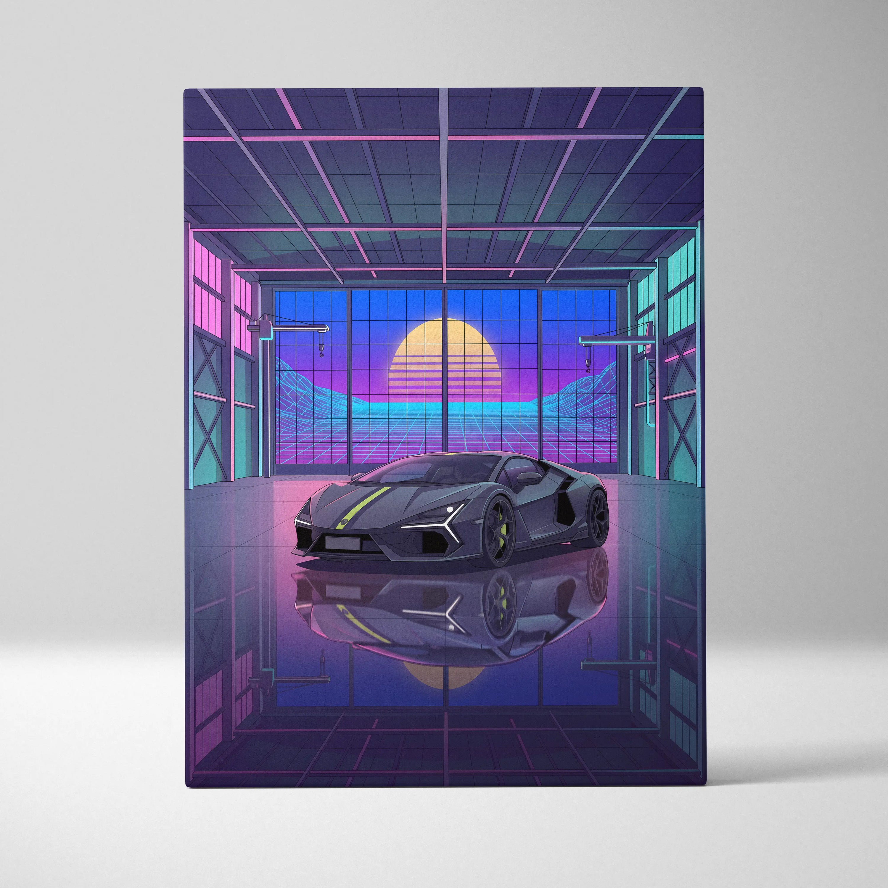 Lamborghini Revuelto Inspired Gray Purple Canvas Wall Art, Vaporwave Supercar Artwork, Neon Garage Decor, Retro Futuristic Exotic Car Print