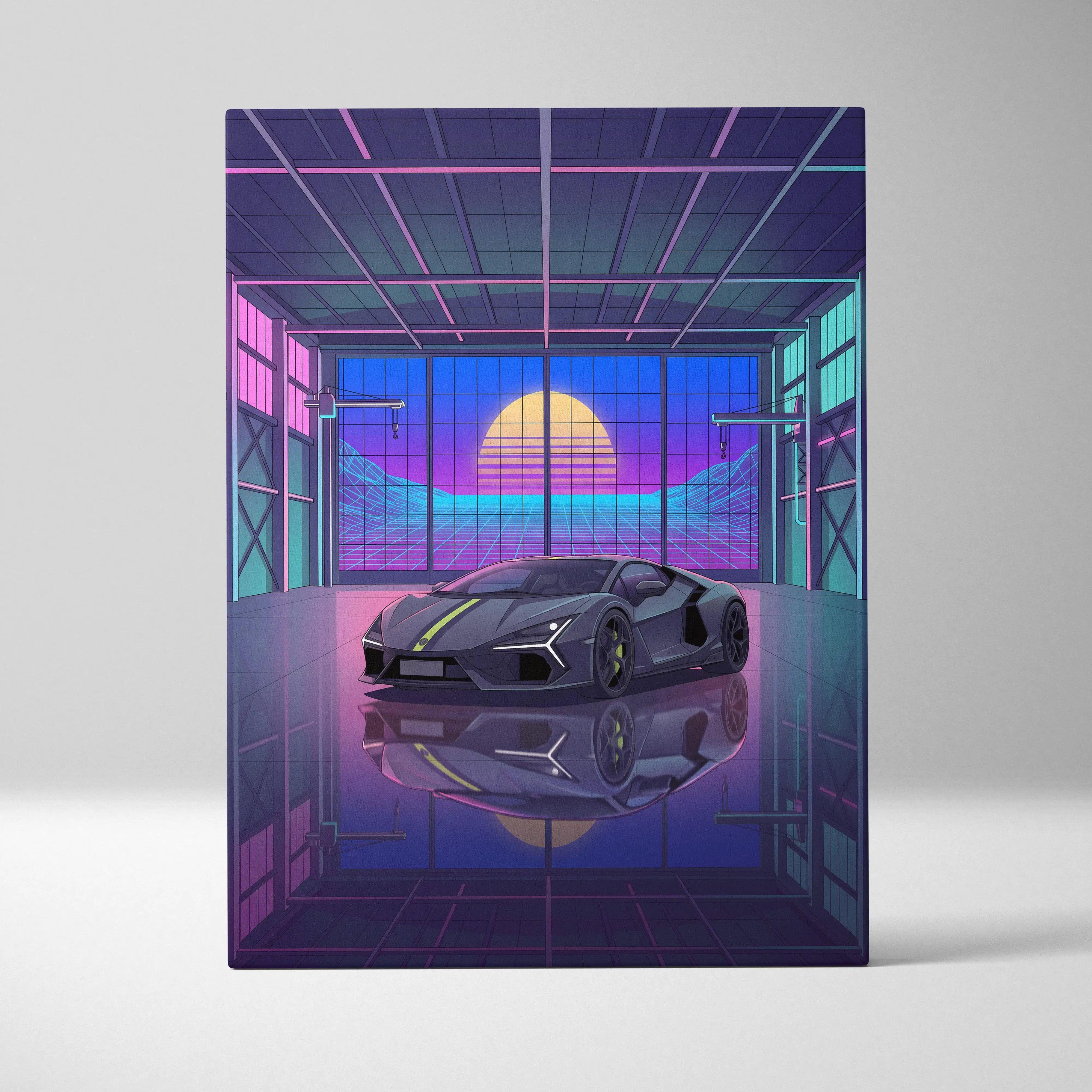 Lamborghini Revuelto Inspired Gray Purple Canvas Wall Art, Vaporwave Supercar Artwork, Neon Garage Decor, Retro Futuristic Exotic Car Print