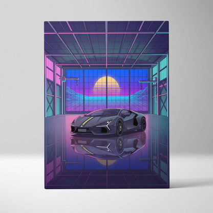 Lamborghini Revuelto Inspired Gray Purple Canvas Wall Art, Vaporwave Supercar Artwork, Neon Garage Decor, Retro Futuristic Exotic Car Print