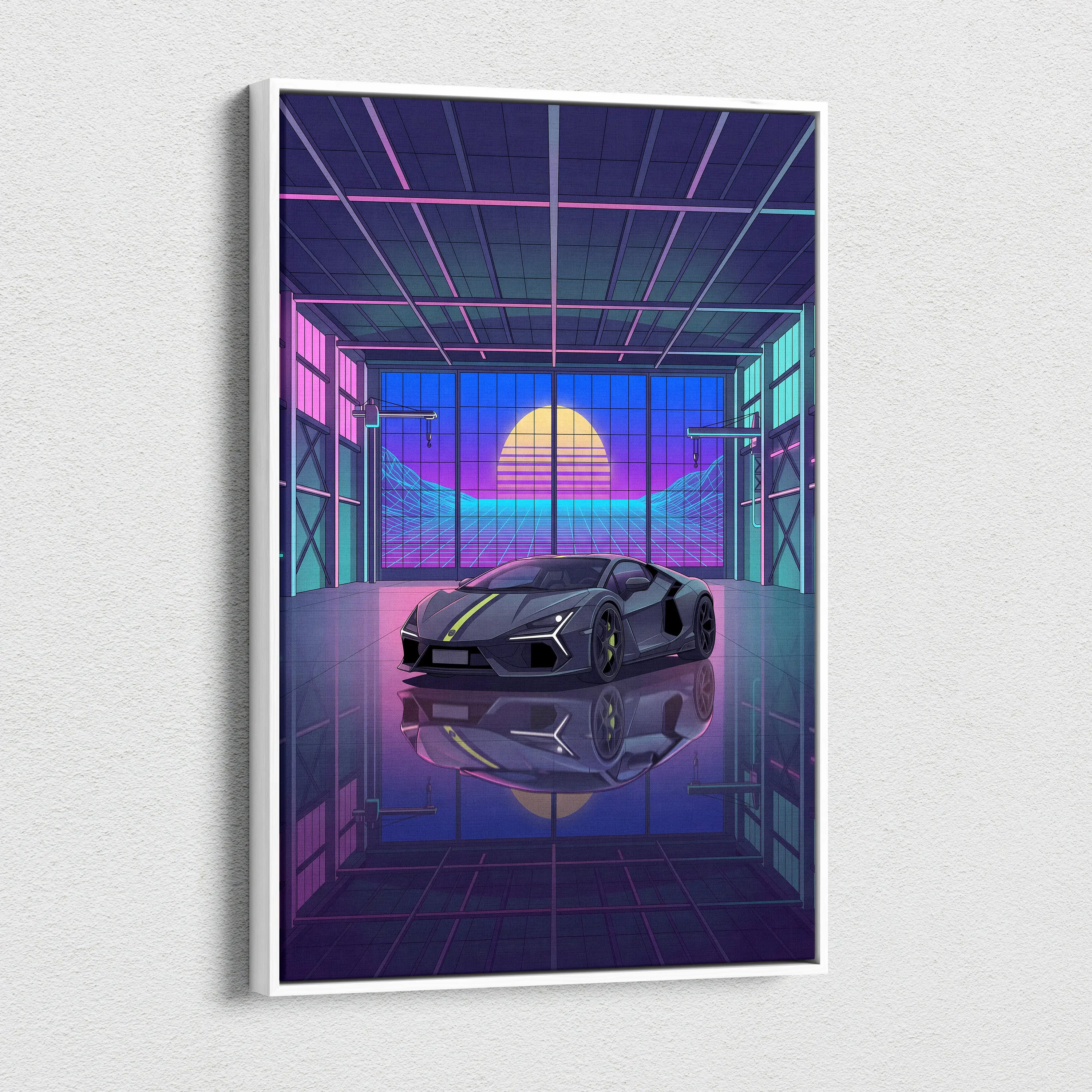 Lamborghini Revuelto Inspired Gray Purple Canvas Wall Art, Vaporwave Supercar Artwork, Neon Garage Decor, Retro Futuristic Exotic Car Print