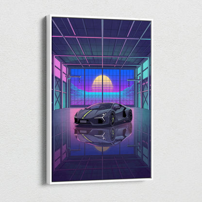 Lamborghini Revuelto Inspired Gray Purple Canvas Wall Art, Vaporwave Supercar Artwork, Neon Garage Decor, Retro Futuristic Exotic Car Print