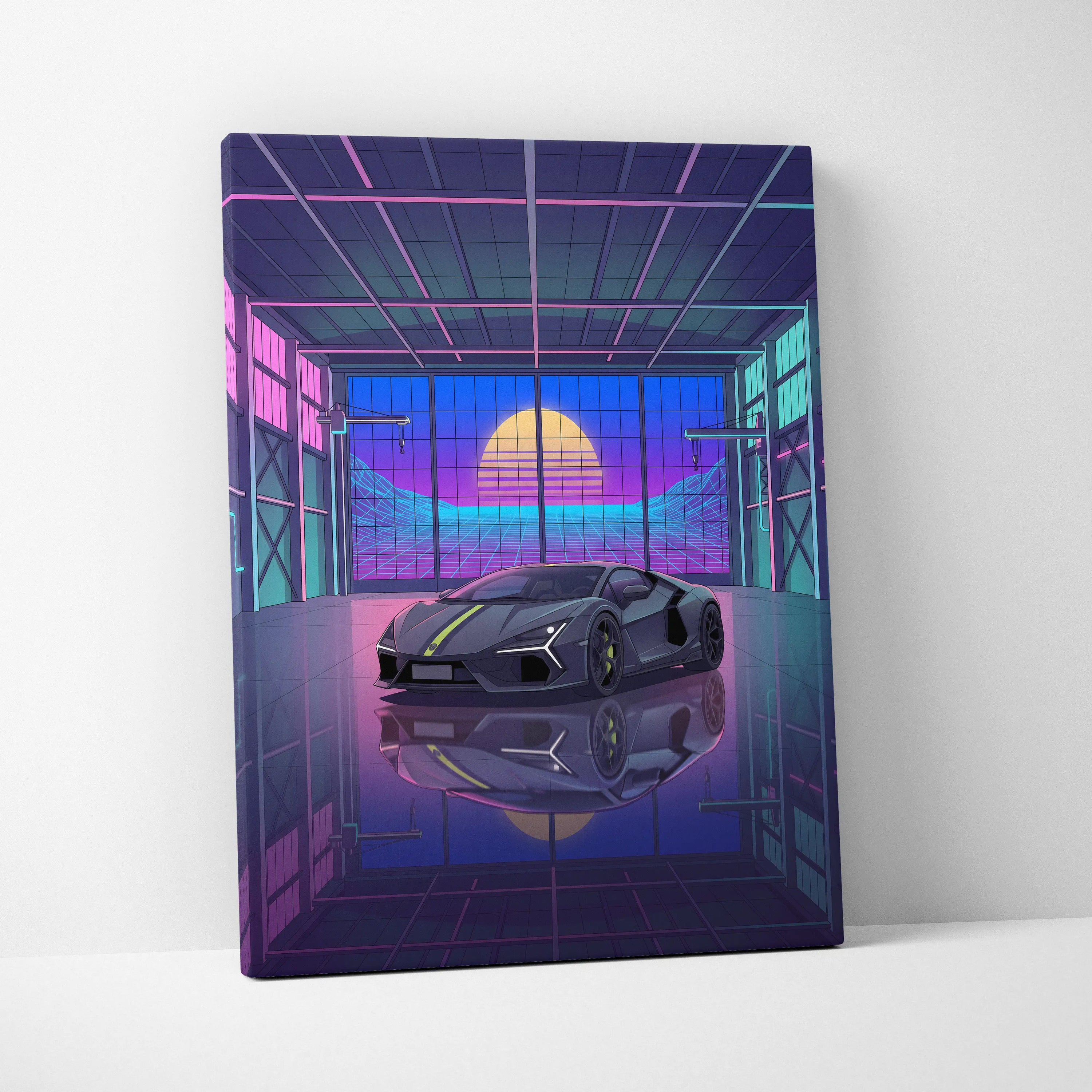 Lamborghini Revuelto Inspired Gray Purple Canvas Wall Art, Vaporwave Supercar Artwork, Neon Garage Decor, Retro Futuristic Exotic Car Print