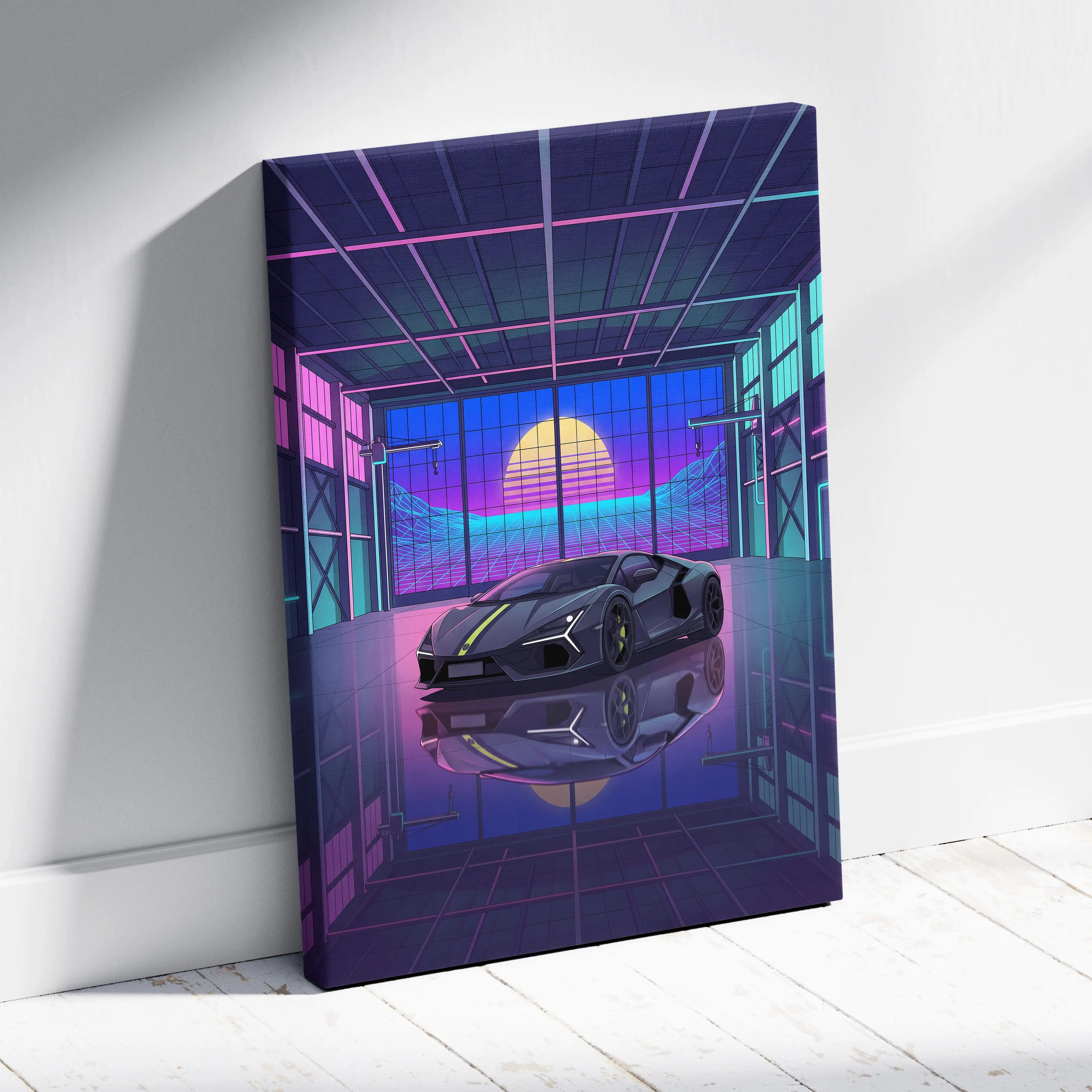 Lamborghini Revuelto Inspired Gray Purple Canvas Wall Art, Vaporwave Supercar Artwork, Neon Garage Decor, Retro Futuristic Exotic Car Print