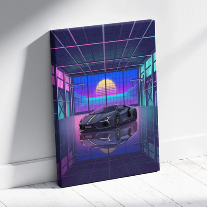 Lamborghini Revuelto Inspired Gray Purple Canvas Wall Art, Vaporwave Supercar Artwork, Neon Garage Decor, Retro Futuristic Exotic Car Print