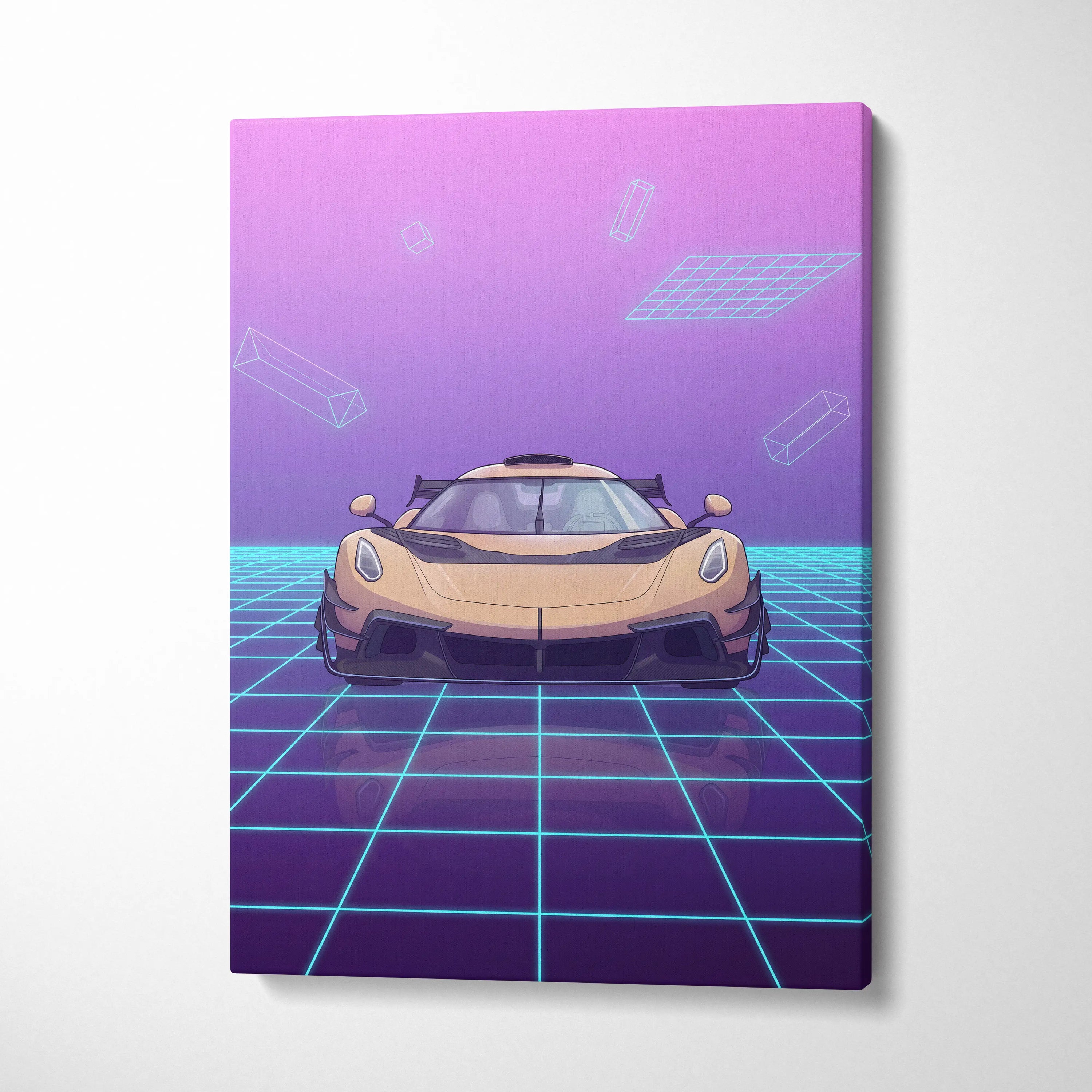 Koenigsegg Jesko Inspired Gold Purple Canvas Wall Art, Vaporwave Hypercar Artwork, Neon Grid Garage Decor, Retro Futuristic Exotic Car Print