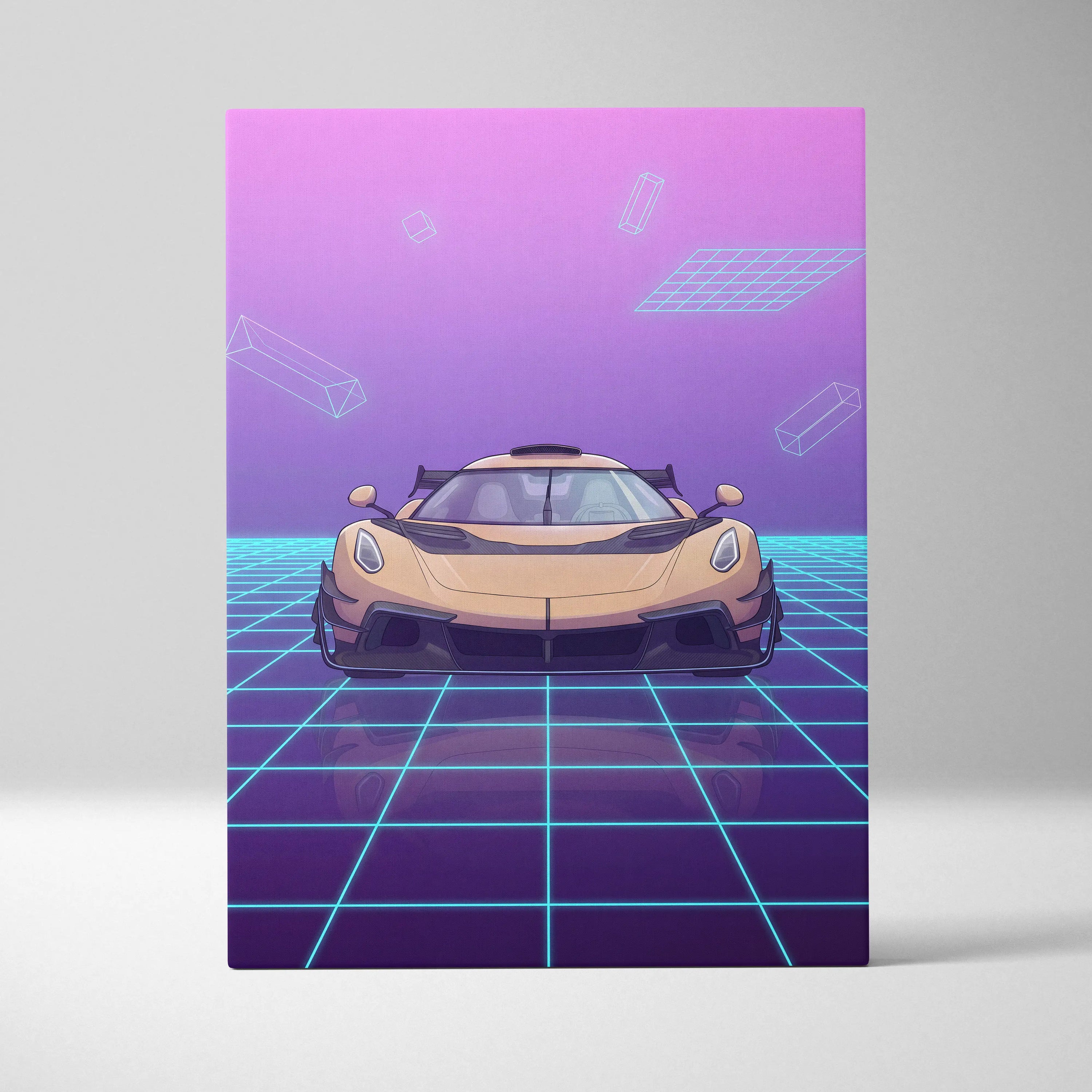 Koenigsegg Jesko Inspired Gold Purple Canvas Wall Art, Vaporwave Hypercar Artwork, Neon Grid Garage Decor, Retro Futuristic Exotic Car Print