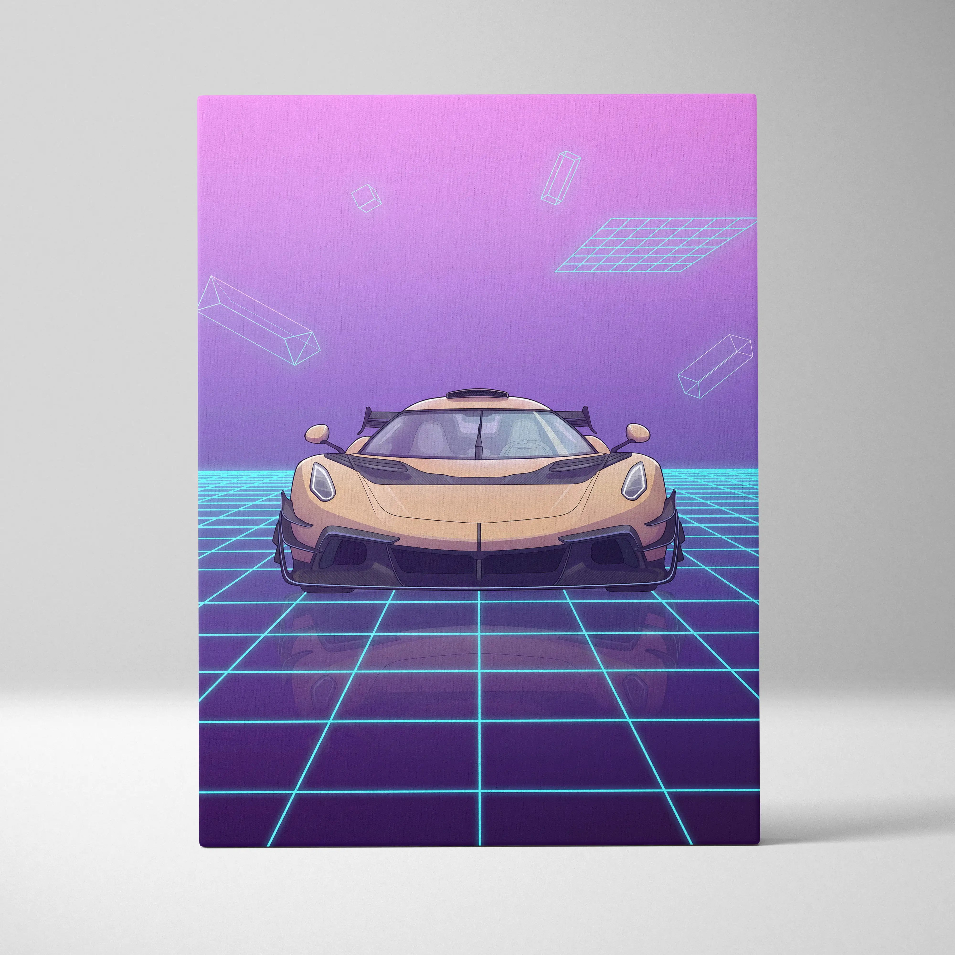 Koenigsegg Jesko Inspired Gold Purple Canvas Wall Art, Vaporwave Hypercar Artwork, Neon Grid Garage Decor, Retro Futuristic Exotic Car Print