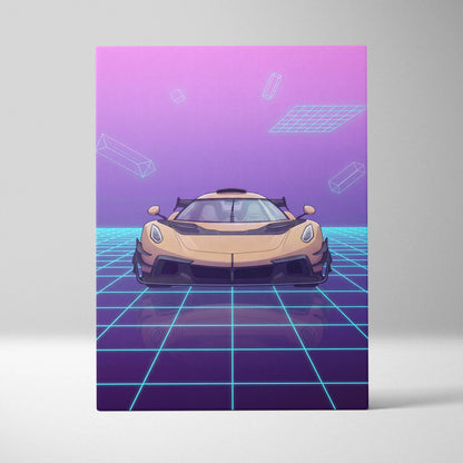 Koenigsegg Jesko Inspired Gold Purple Canvas Wall Art, Vaporwave Hypercar Artwork, Neon Grid Garage Decor, Retro Futuristic Exotic Car Print