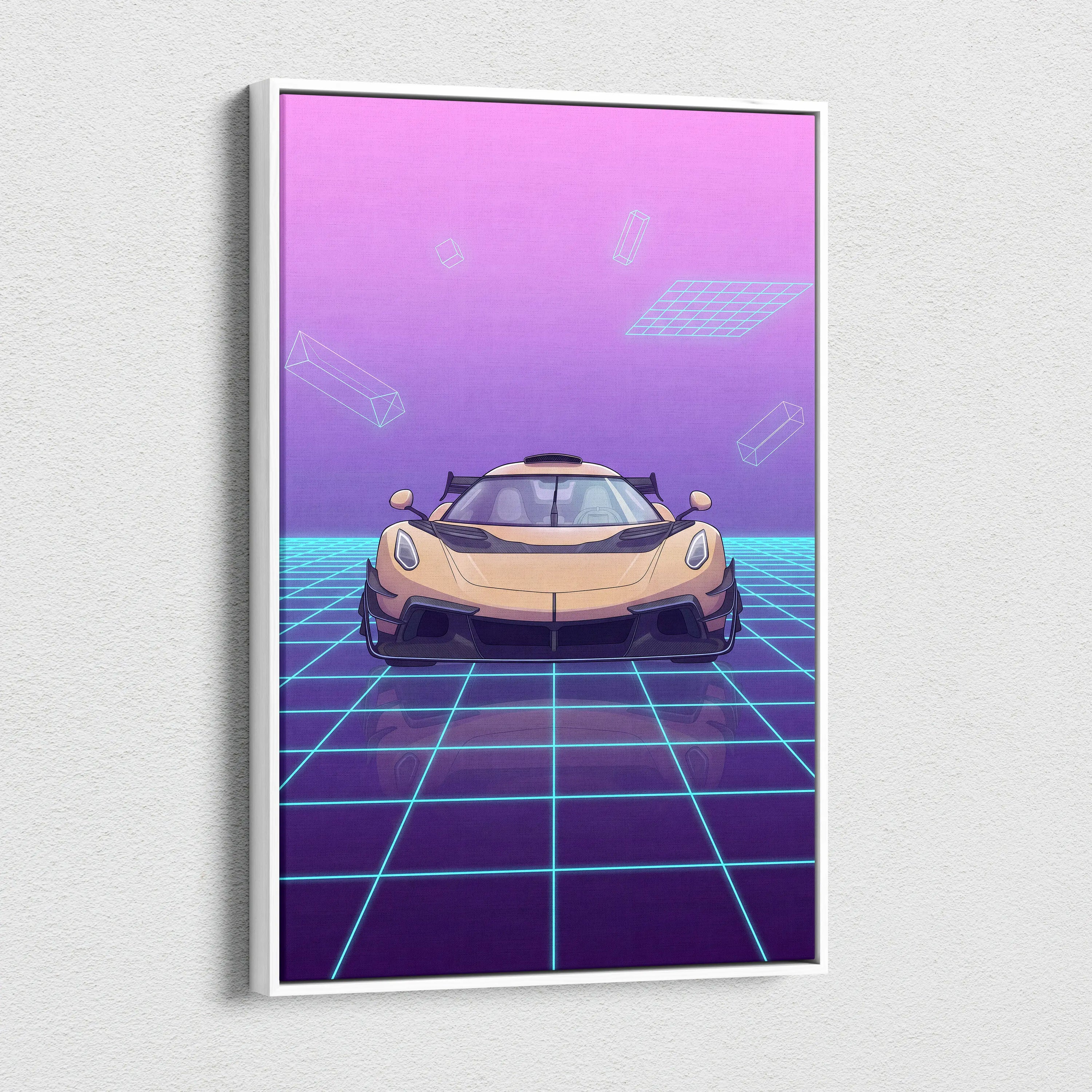 Koenigsegg Jesko Inspired Gold Purple Canvas Wall Art, Vaporwave Hypercar Artwork, Neon Grid Garage Decor, Retro Futuristic Exotic Car Print