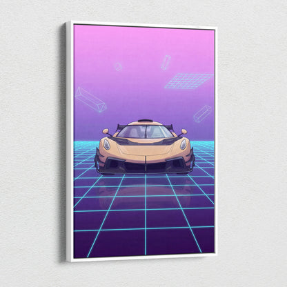 Koenigsegg Jesko Inspired Gold Purple Canvas Wall Art, Vaporwave Hypercar Artwork, Neon Grid Garage Decor, Retro Futuristic Exotic Car Print