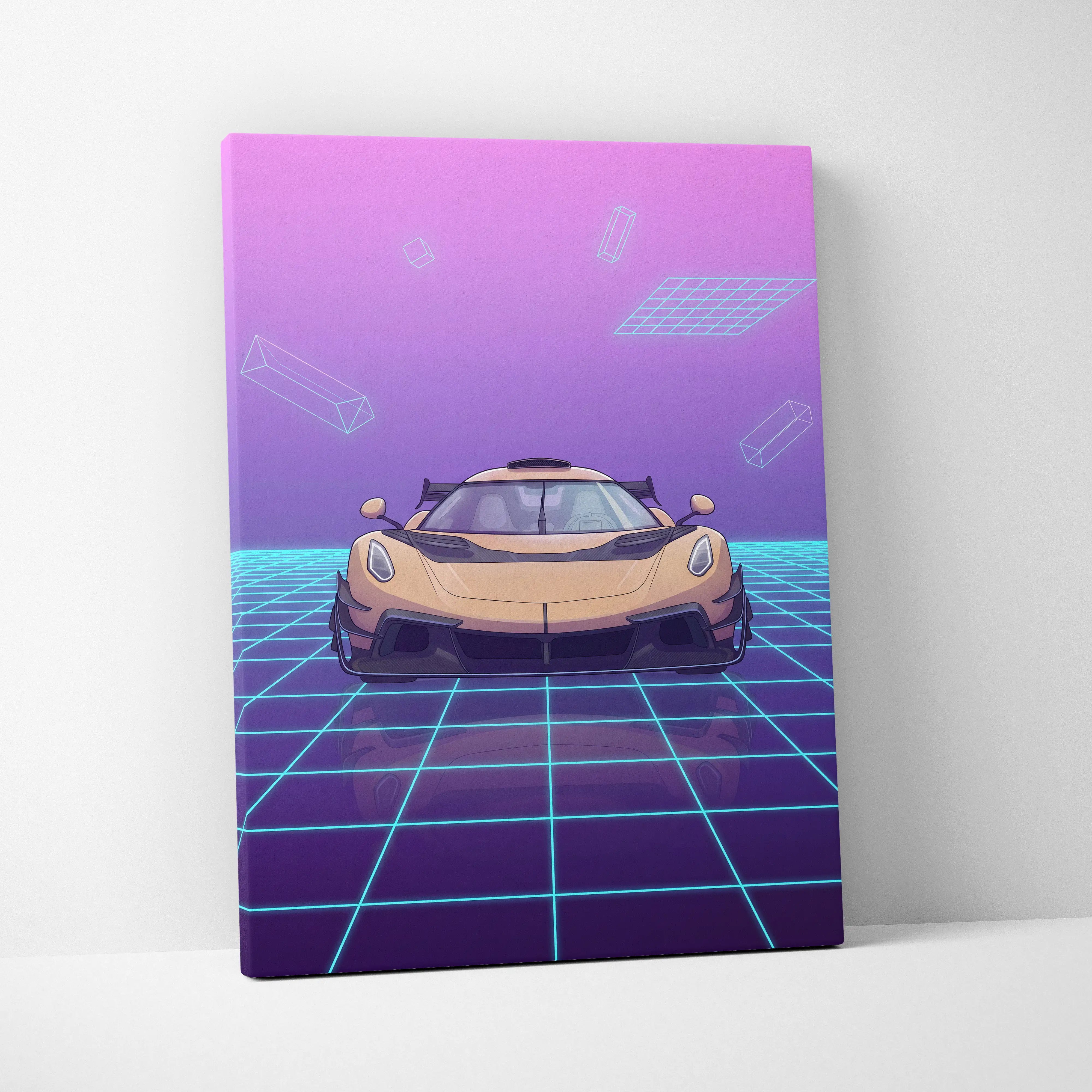 Koenigsegg Jesko Inspired Gold Purple Canvas Wall Art, Vaporwave Hypercar Artwork, Neon Grid Garage Decor, Retro Futuristic Exotic Car Print