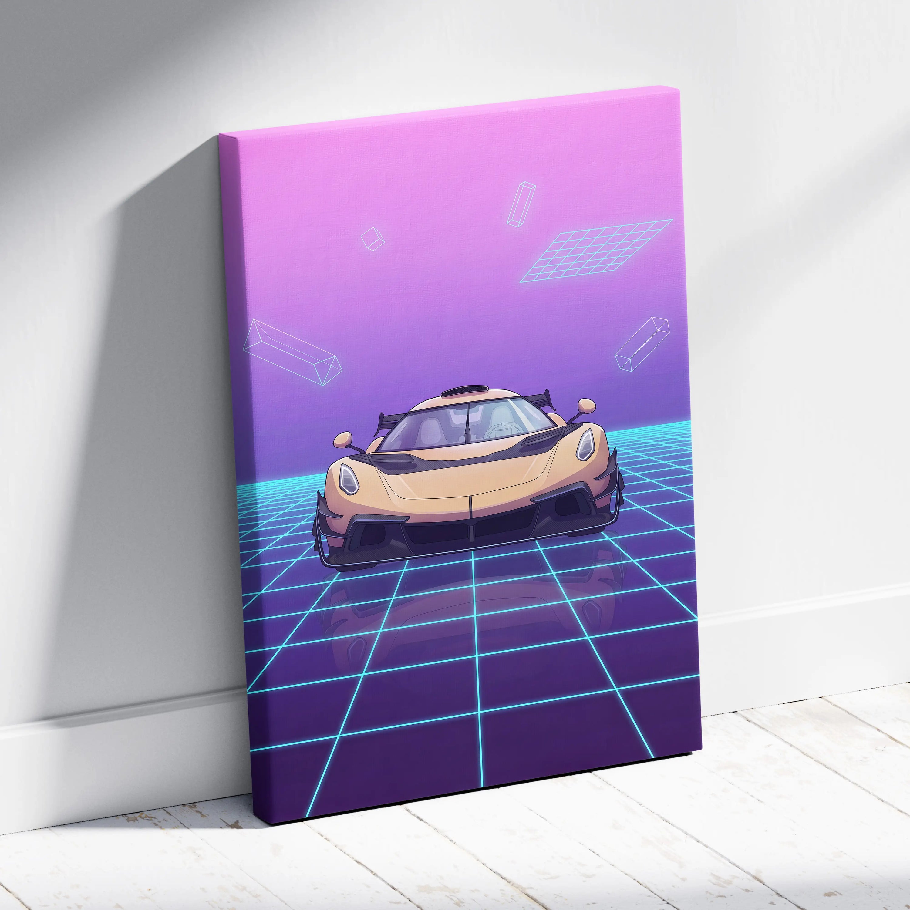 Koenigsegg Jesko Inspired Gold Purple Canvas Wall Art, Vaporwave Hypercar Artwork, Neon Grid Garage Decor, Retro Futuristic Exotic Car Print