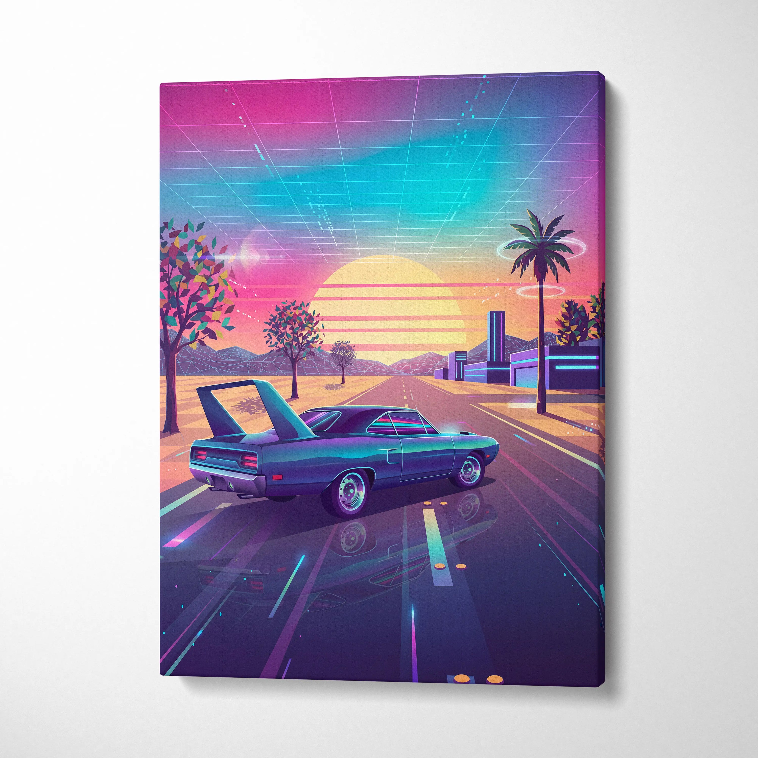 Plymouth Superbird Inspired Blue Pink Canvas Wall Art, Vaporwave Muscle Car Artwork, Neon Sunset Garage Decor, Retro Futuristic Classic Print