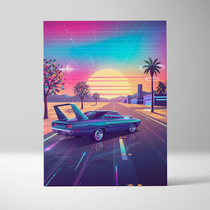 Plymouth Superbird Inspired Blue Pink Canvas Wall Art, Vaporwave Muscle Car Artwork, Neon Sunset Garage Decor, Retro Futuristic Classic Print