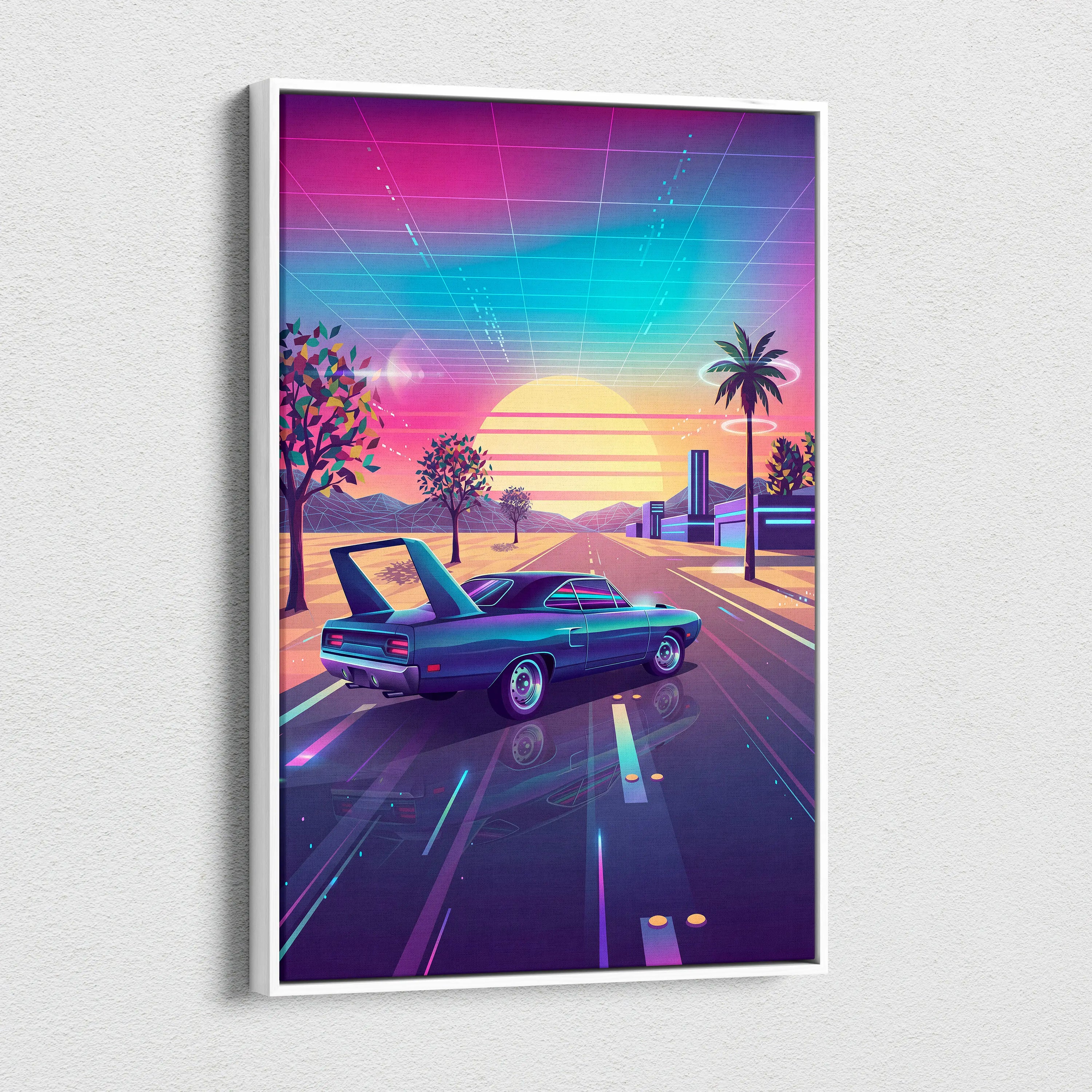 Plymouth Superbird Inspired Blue Pink Canvas Wall Art, Vaporwave Muscle Car Artwork, Neon Sunset Garage Decor, Retro Futuristic Classic Print