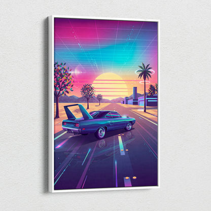 Plymouth Superbird Inspired Blue Pink Canvas Wall Art, Vaporwave Muscle Car Artwork, Neon Sunset Garage Decor, Retro Futuristic Classic Print