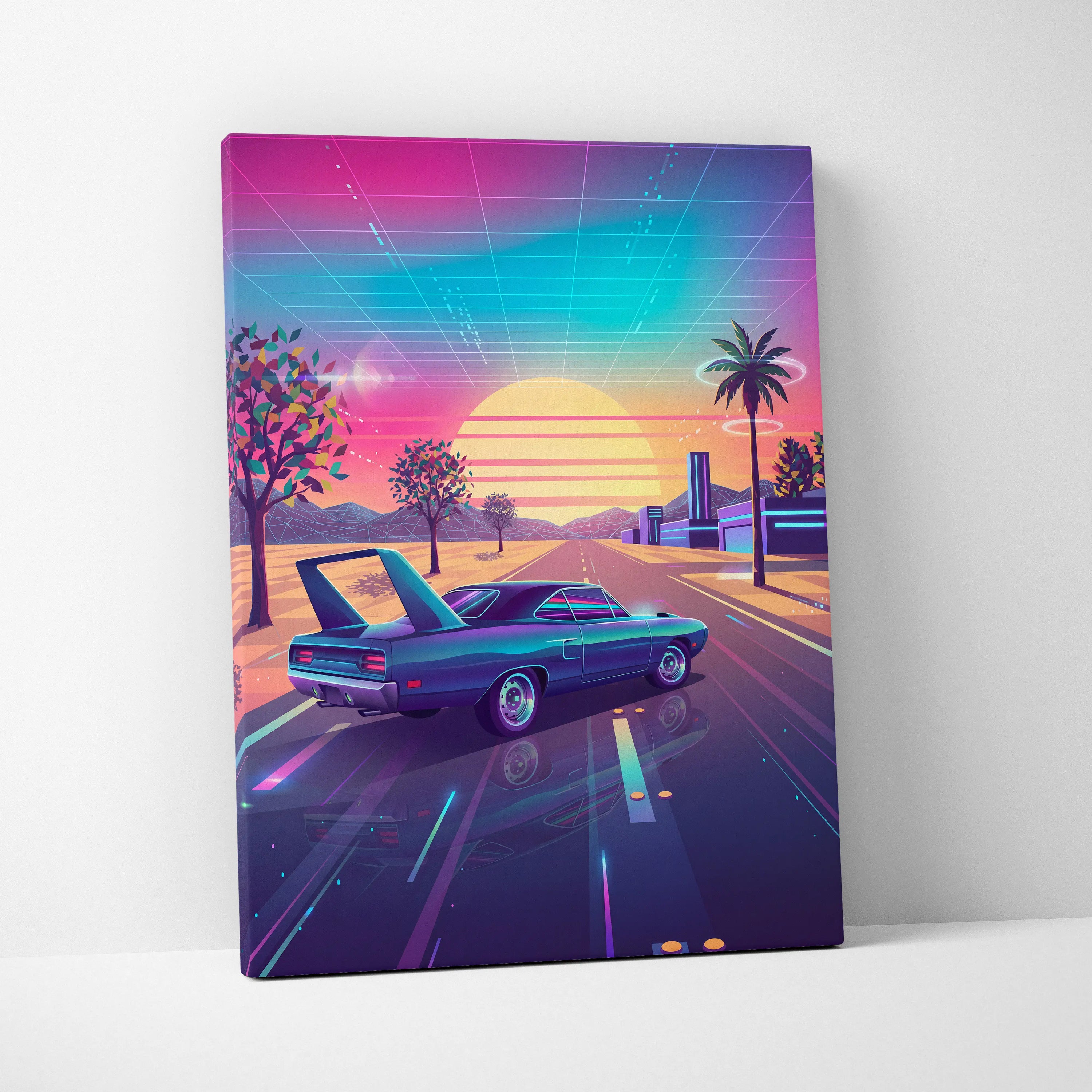 Plymouth Superbird Inspired Blue Pink Canvas Wall Art, Vaporwave Muscle Car Artwork, Neon Sunset Garage Decor, Retro Futuristic Classic Print