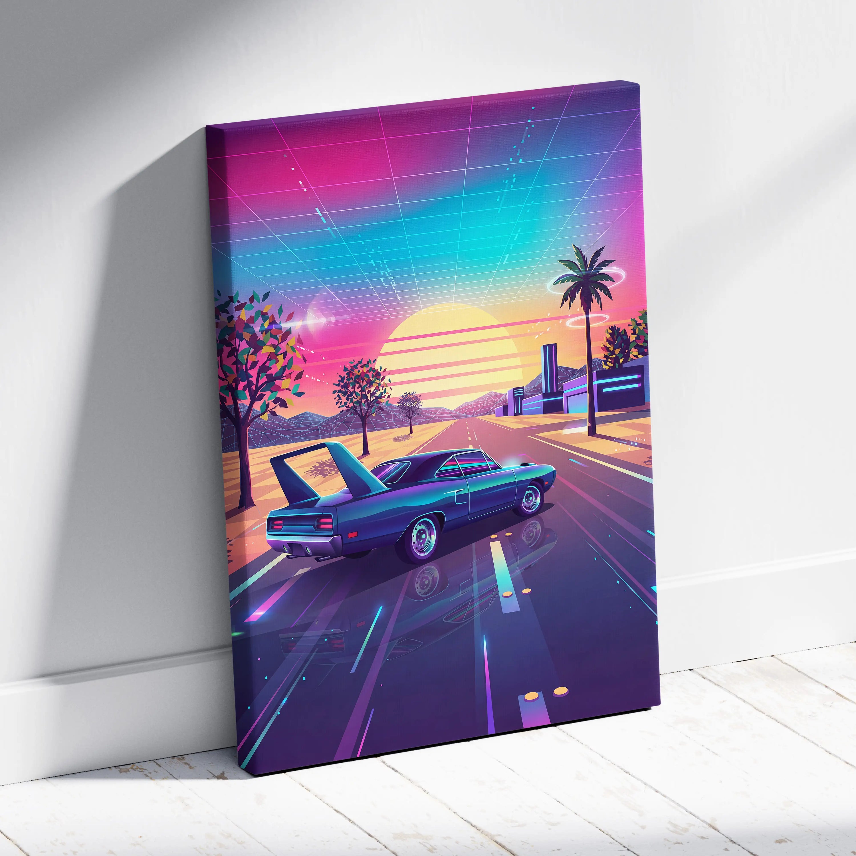 Plymouth Superbird Inspired Blue Pink Canvas Wall Art, Vaporwave Muscle Car Artwork, Neon Sunset Garage Decor, Retro Futuristic Classic Print