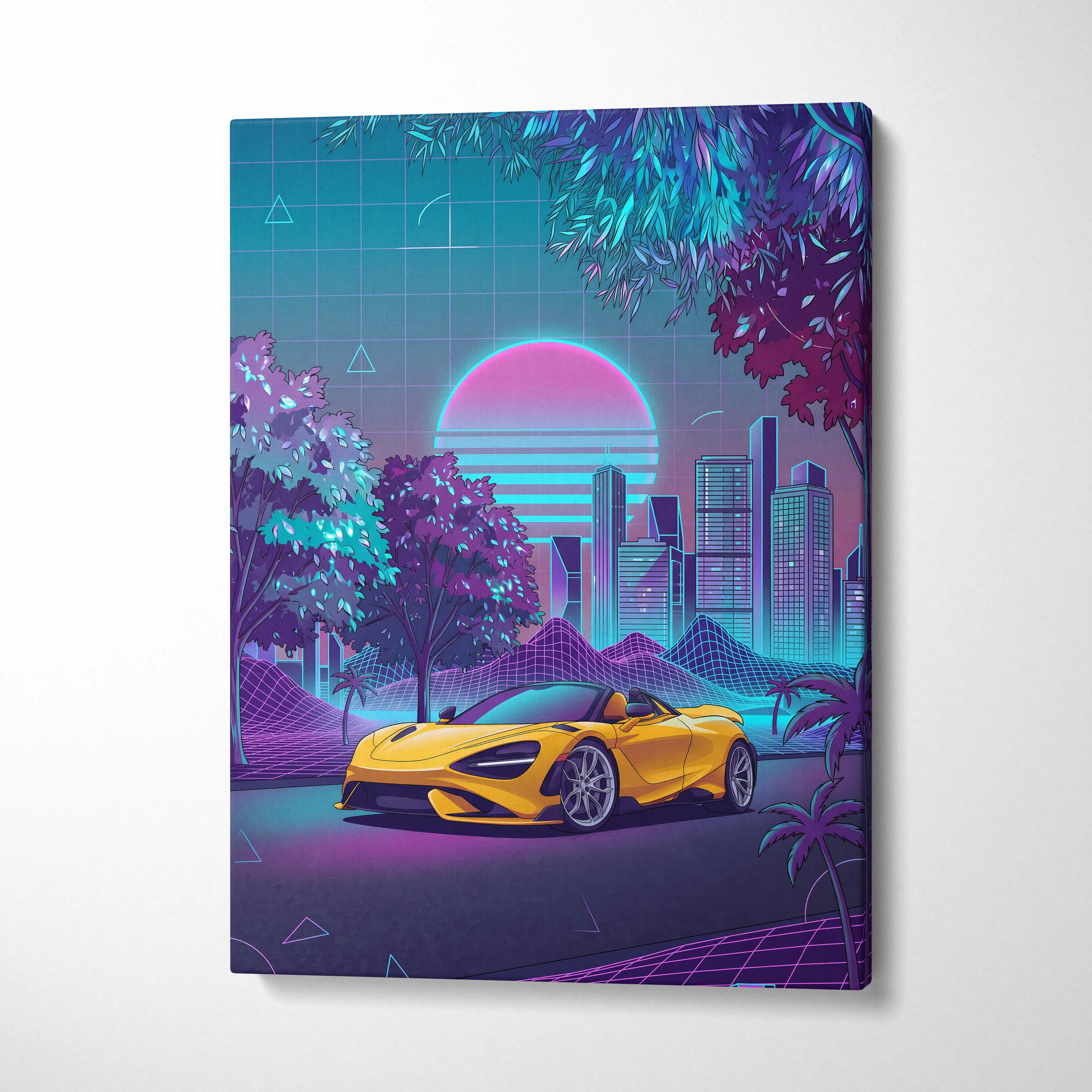 McLaren 720S Inspired Yellow Purple City Canvas Wall Art Vaporwave Supercar Artwork, Neon Skyline Palm Garage Decor Retro Futuristic Print