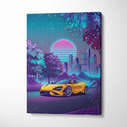 McLaren 720S Inspired Yellow Purple City Canvas Wall Art Vaporwave Supercar Artwork, Neon Skyline Palm Garage Decor Retro Futuristic Print