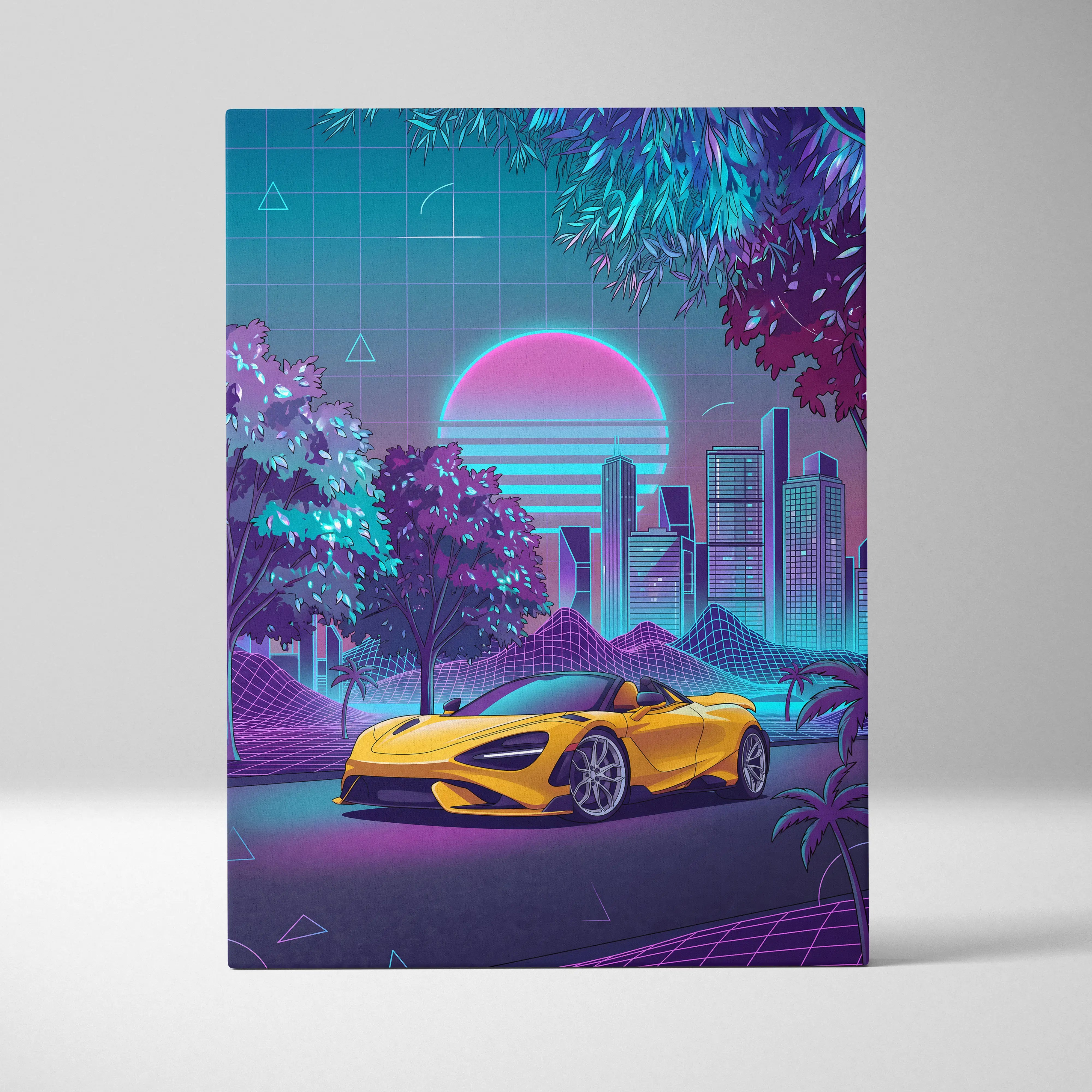 McLaren 720S Inspired Yellow Purple City Canvas Wall Art Vaporwave Supercar Artwork, Neon Skyline Palm Garage Decor Retro Futuristic Print