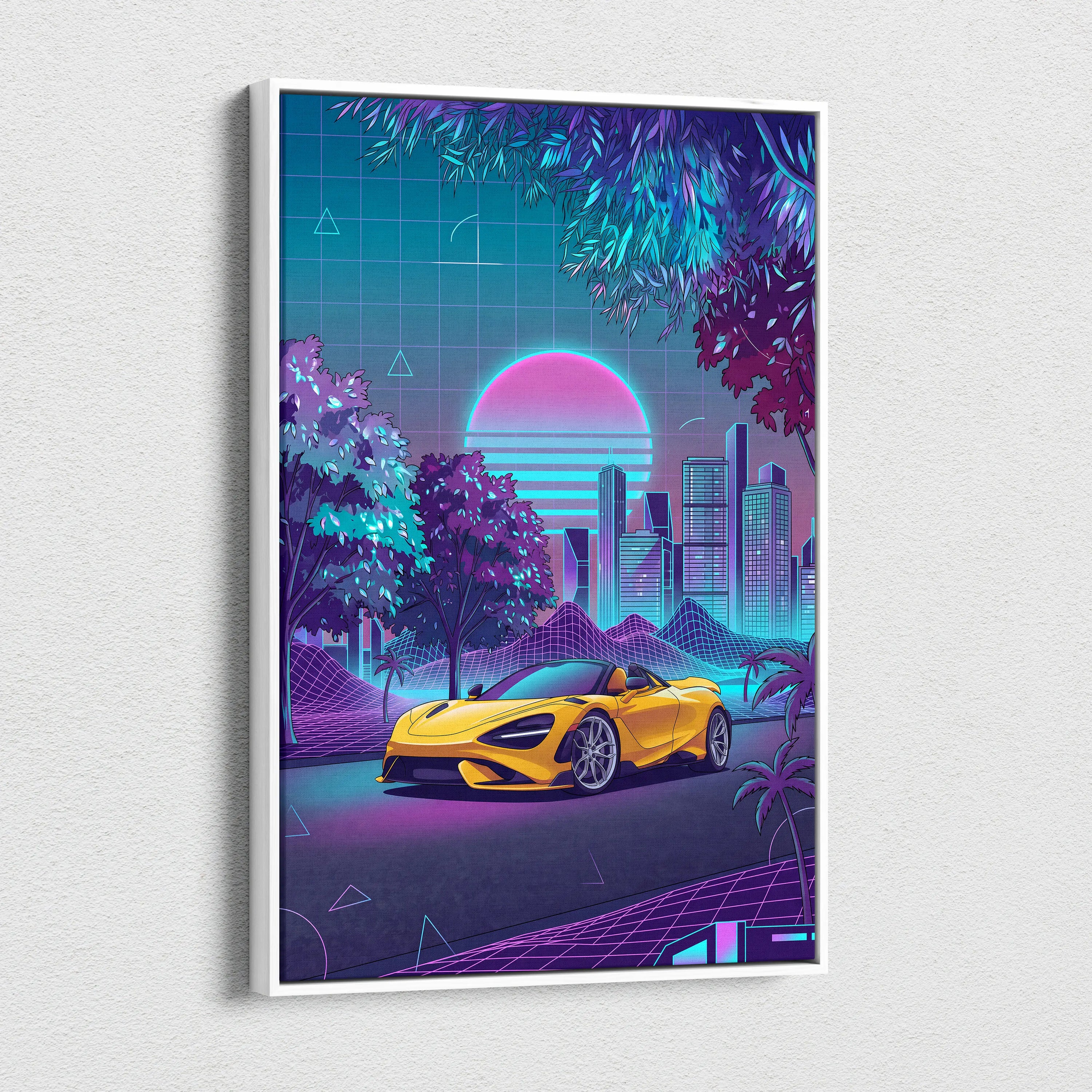 McLaren 720S Inspired Yellow Purple City Canvas Wall Art Vaporwave Supercar Artwork, Neon Skyline Palm Garage Decor Retro Futuristic Print