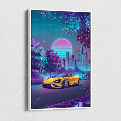 McLaren 720S Inspired Yellow Purple City Canvas Wall Art Vaporwave Supercar Artwork, Neon Skyline Palm Garage Decor Retro Futuristic Print