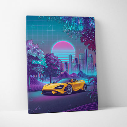 McLaren 720S Inspired Yellow Purple City Canvas Wall Art Vaporwave Supercar Artwork, Neon Skyline Palm Garage Decor Retro Futuristic Print