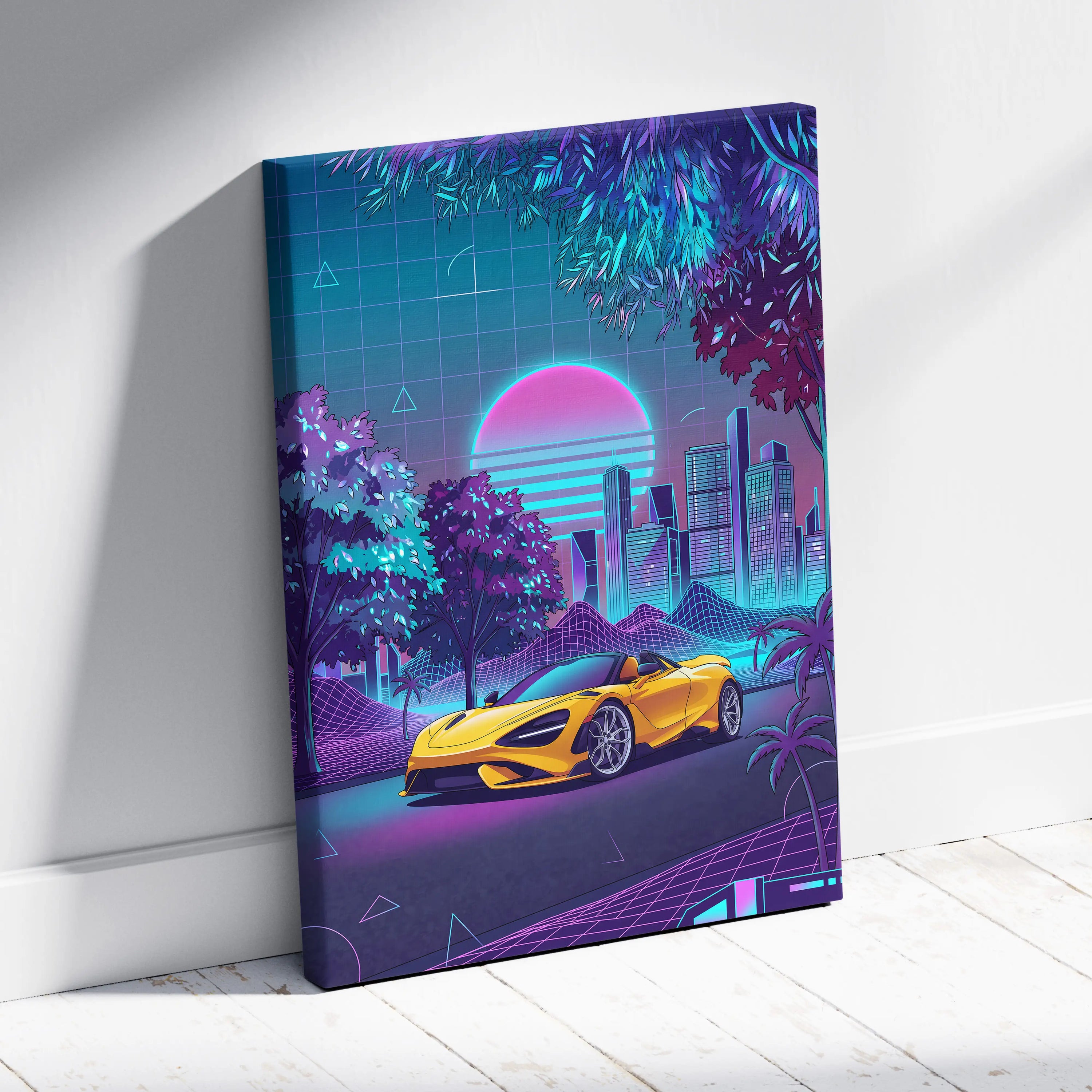 McLaren 720S Inspired Yellow Purple City Canvas Wall Art Vaporwave Supercar Artwork, Neon Skyline Palm Garage Decor Retro Futuristic Print