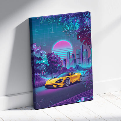 McLaren 720S Inspired Yellow Purple City Canvas Wall Art Vaporwave Supercar Artwork, Neon Skyline Palm Garage Decor Retro Futuristic Print