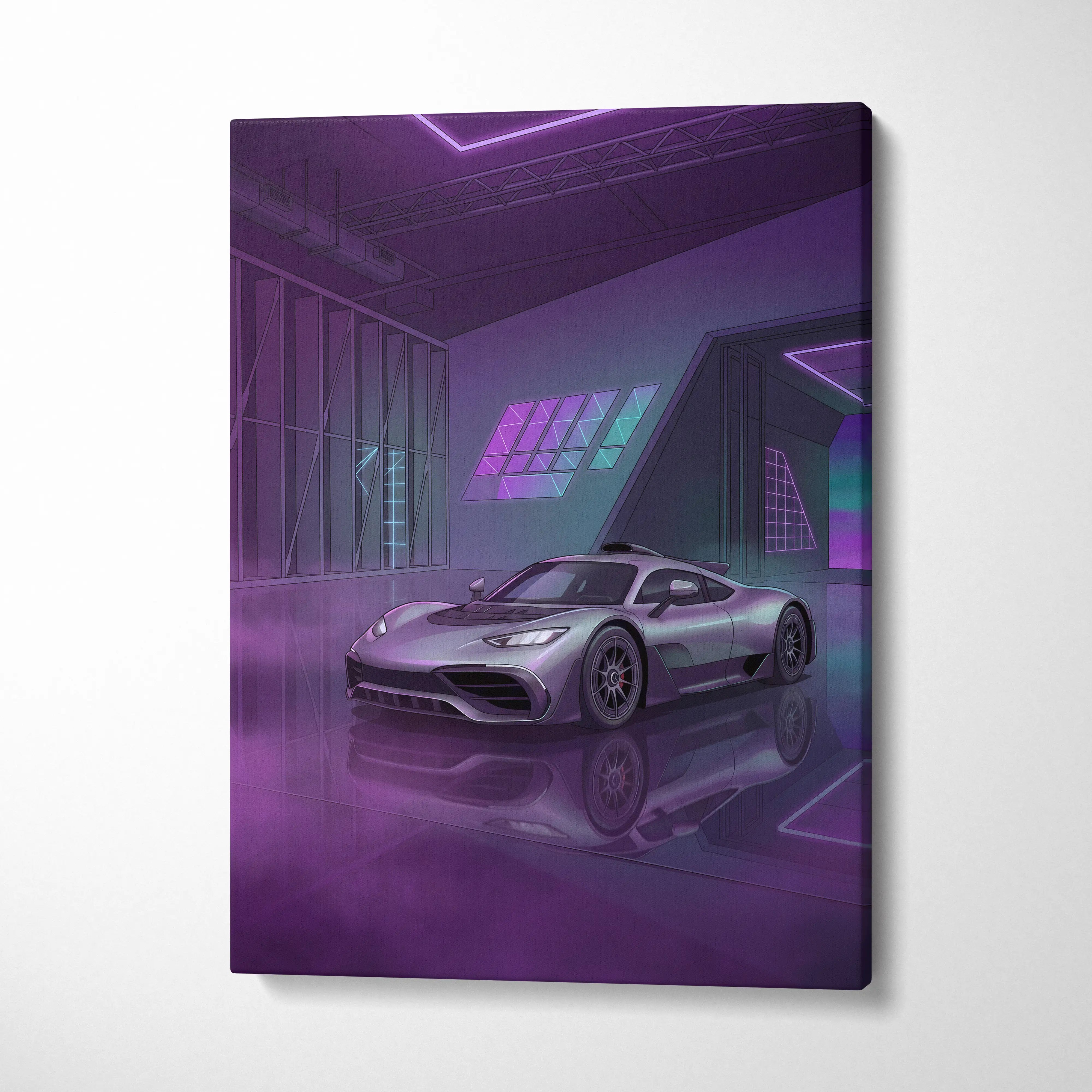Mercedes-AMG One Inspired Silver Purple Canvas Wall Art, Neon Vaporwave Hypercar Artwork for Modern Garage Decor
