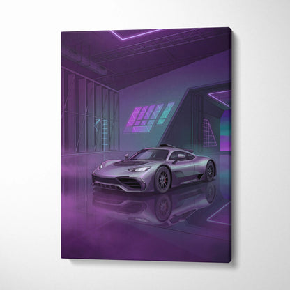 Mercedes-AMG One Inspired Silver Purple Canvas Wall Art, Neon Vaporwave Hypercar Artwork for Modern Garage Decor