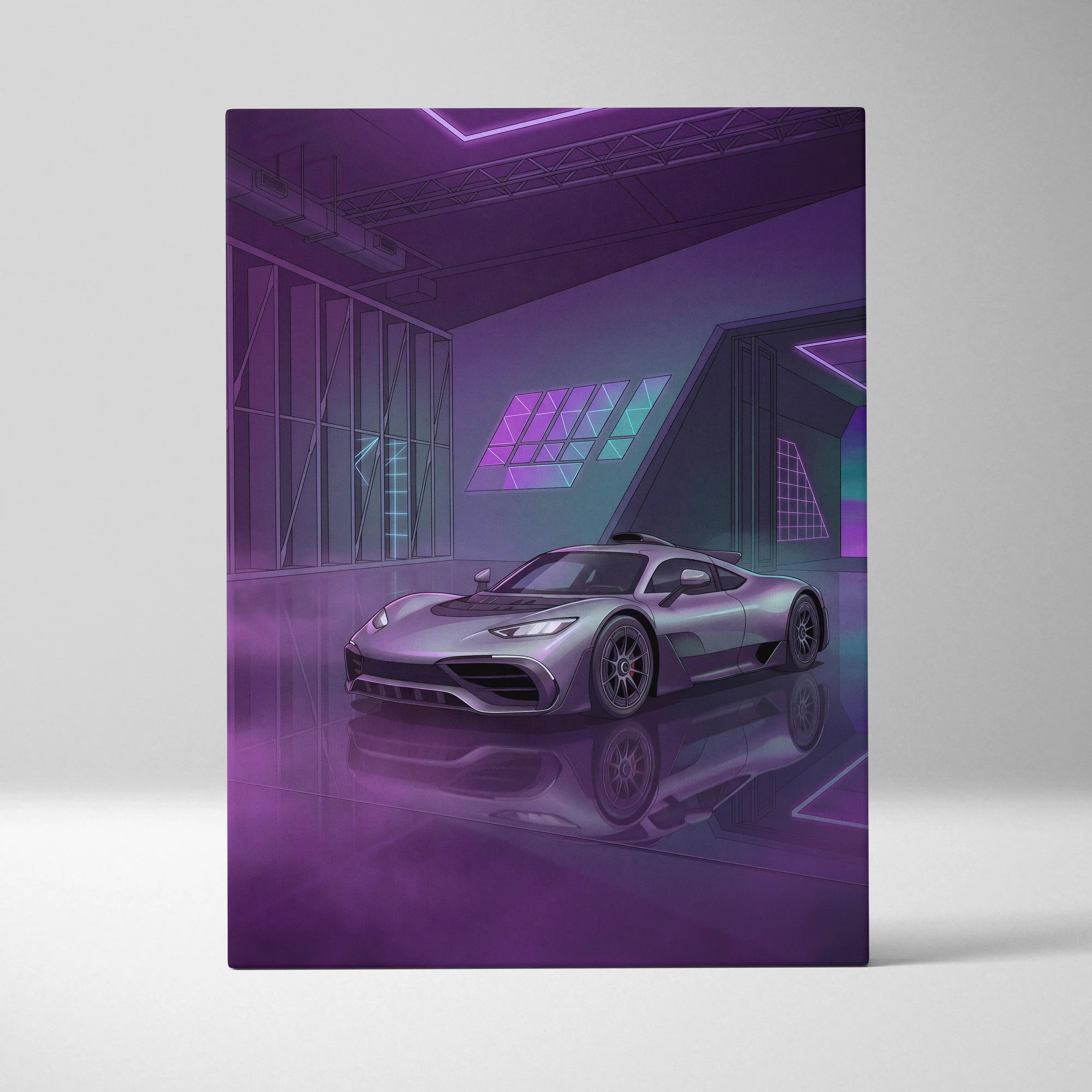 Mercedes-AMG One Inspired Silver Purple Canvas Wall Art, Neon Vaporwave Hypercar Artwork for Modern Garage Decor