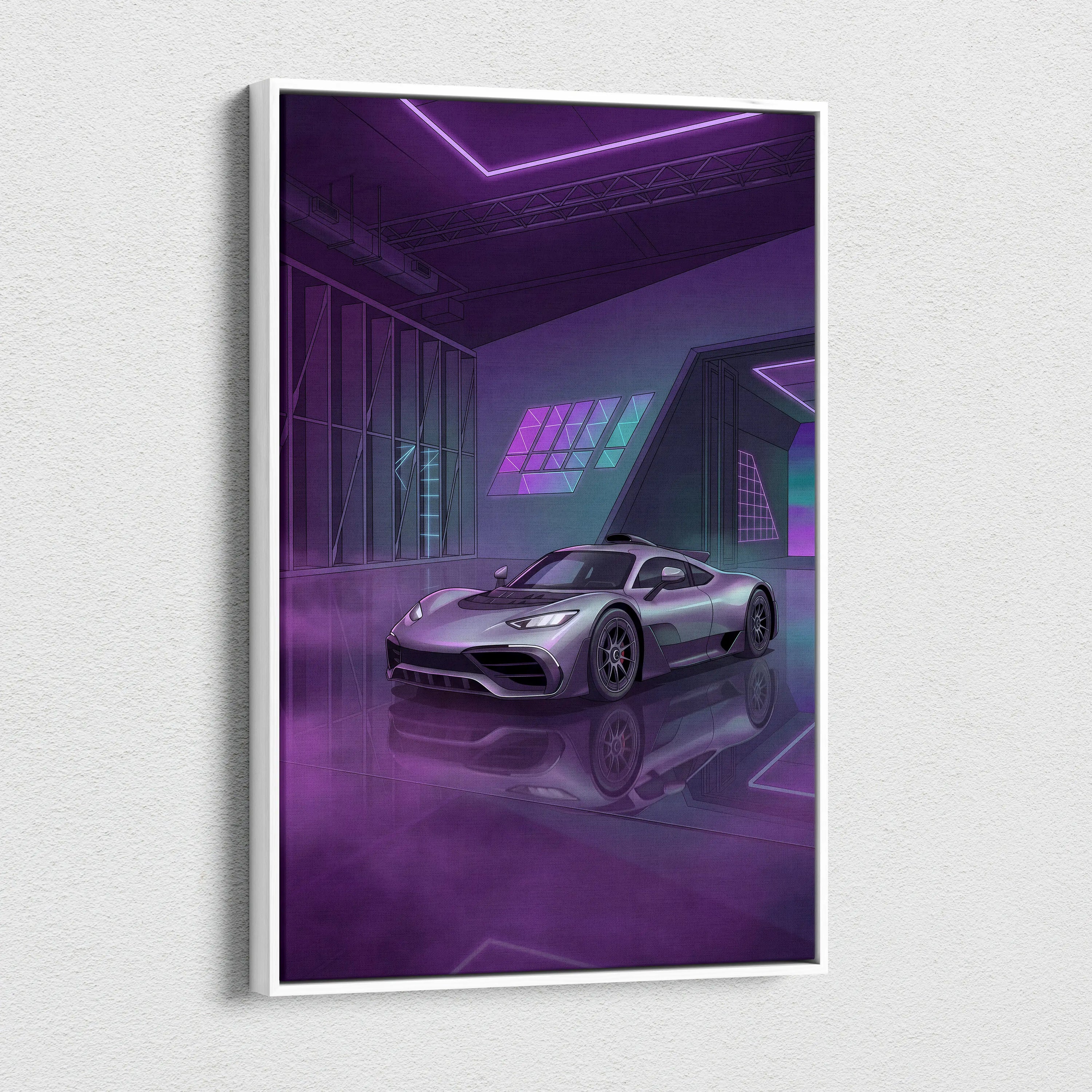 Mercedes-AMG One Inspired Silver Purple Canvas Wall Art, Neon Vaporwave Hypercar Artwork for Modern Garage Decor