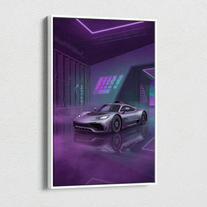 Mercedes-AMG One Inspired Silver Purple Canvas Wall Art, Neon Vaporwave Hypercar Artwork for Modern Garage Decor